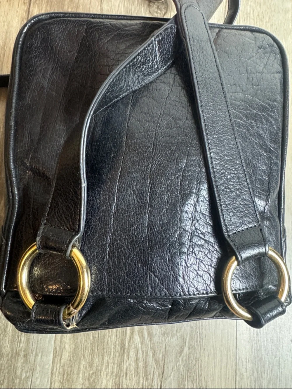 TUSK Black Leather Crossbody Bag Vintage Messenger Gold Hardware